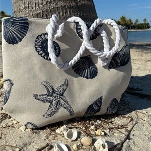 Canvas Beach Tote Bag with Nautical Shell Print - White/Navy